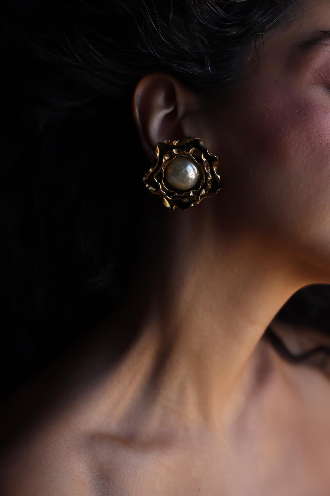 Sculptural Brass Flower Clip-On Earrings|Vintage Baazaar 
