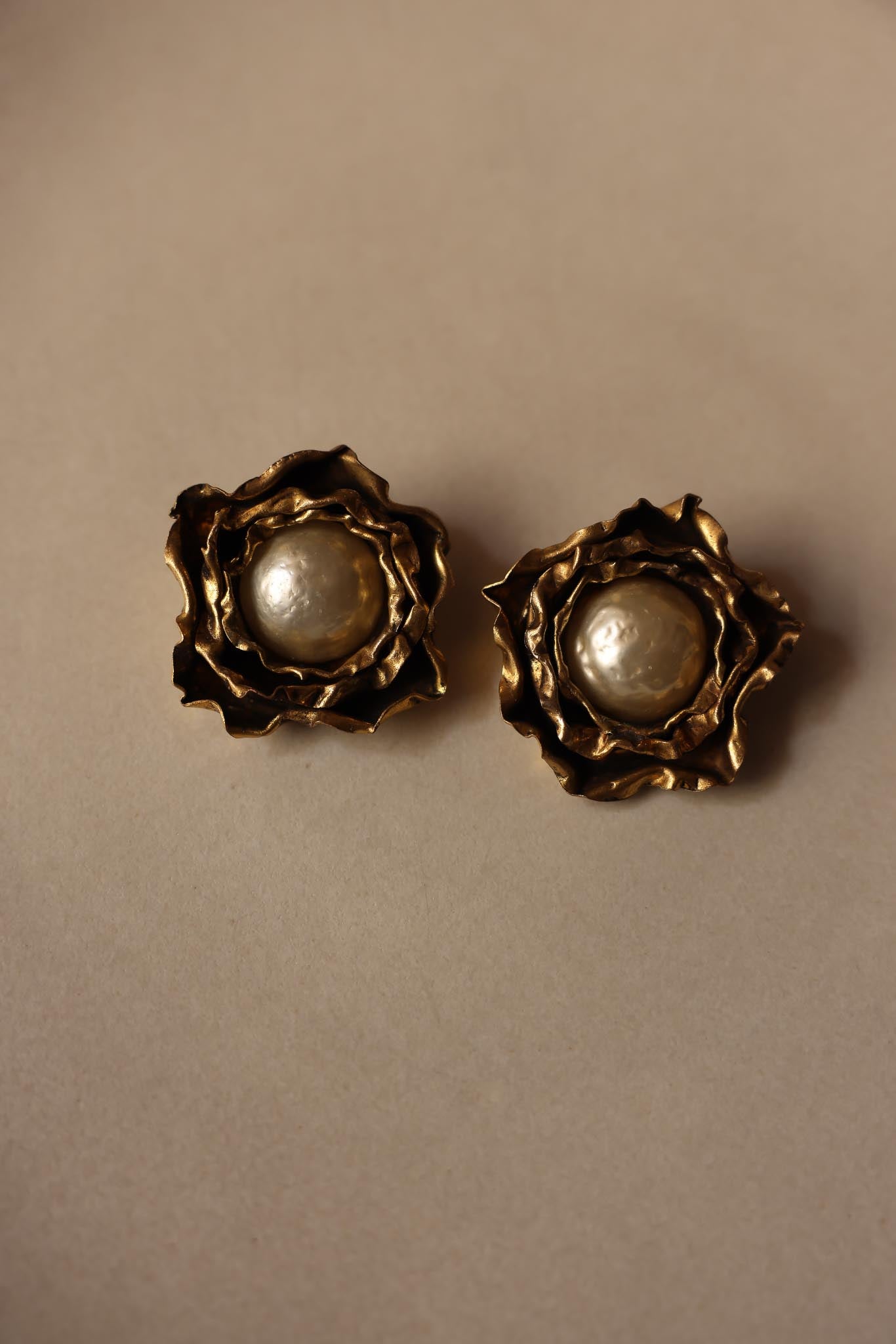 Sculptural Brass Flower Clip-On Earrings|Vintage Baazaar 