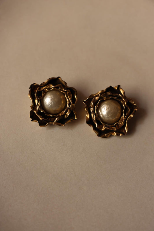 Sculptural Brass Flower Clip-On Earrings|Vintage Baazaar 