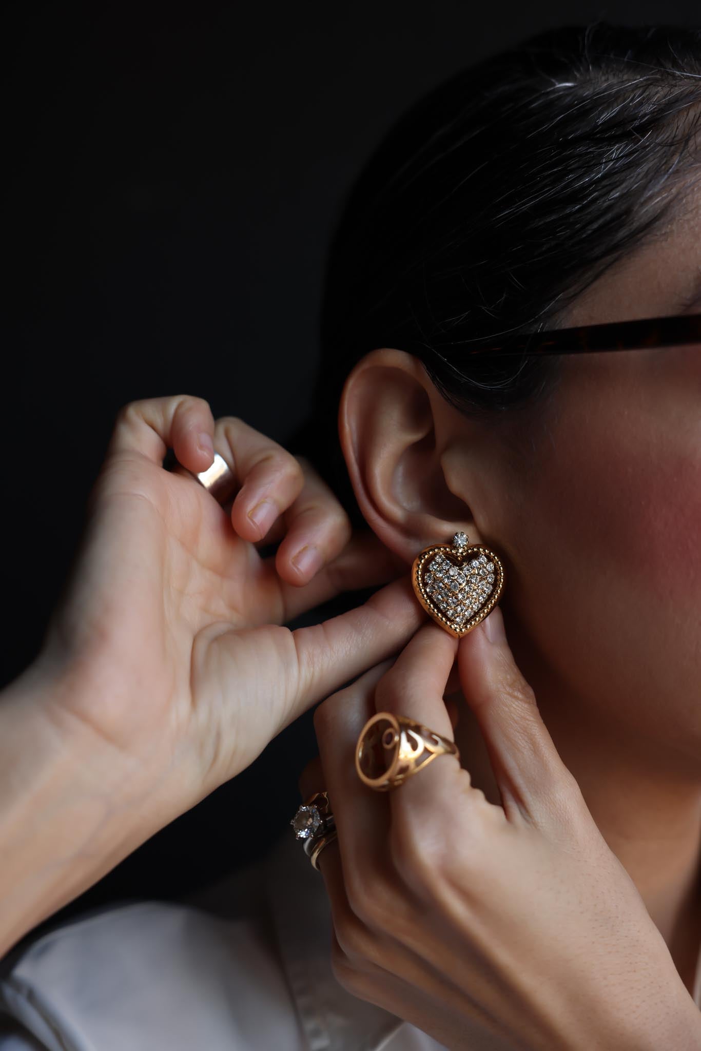 Gold-Tone Heart Clip-On Earrings with Sparkling Accents|Vintage Baazaar 
