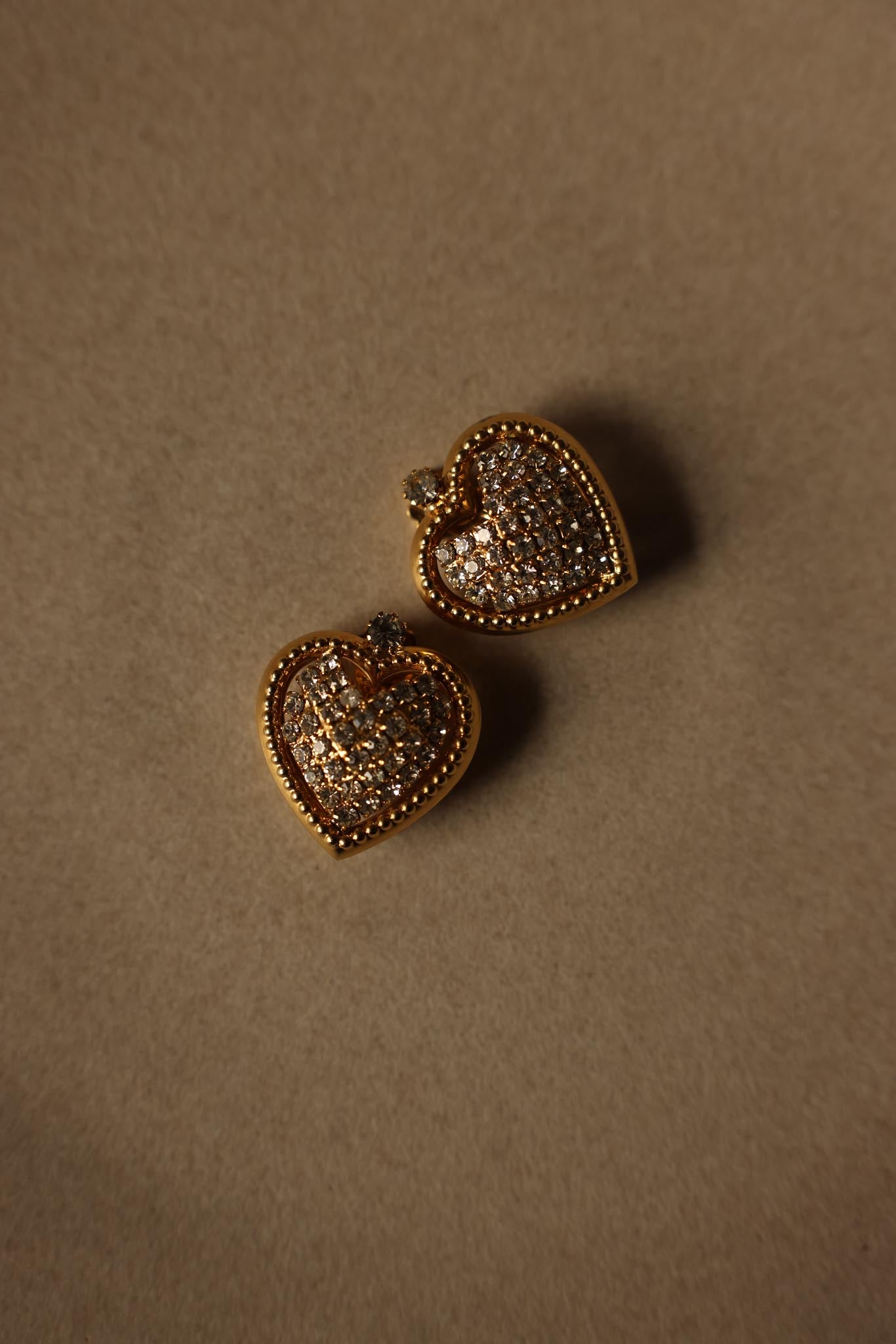 Gold-Tone Heart Clip-On Earrings with Sparkling Accents|Vintage Baazaar 