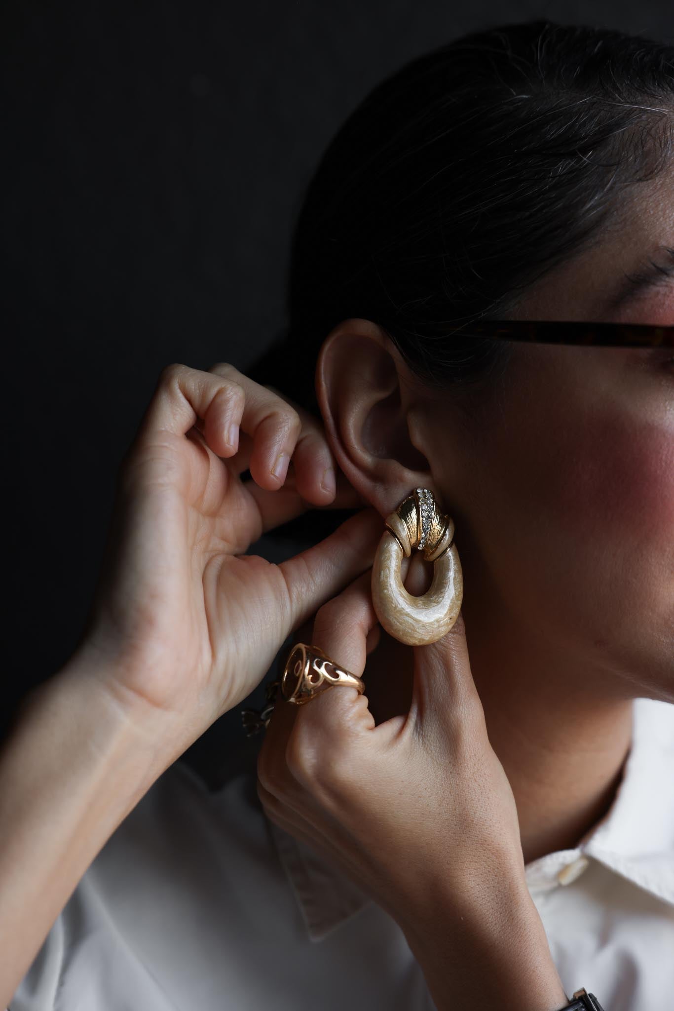 Gold-Tone and Cream Swirl Clip-On Hoop Earrings with Rhinestone Accents|Vintage Baazaar 