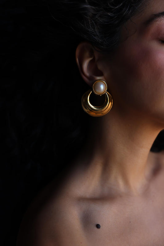 Gold Tone Clip-On Earrings with Faux Pearls|Vintage Baazaar 