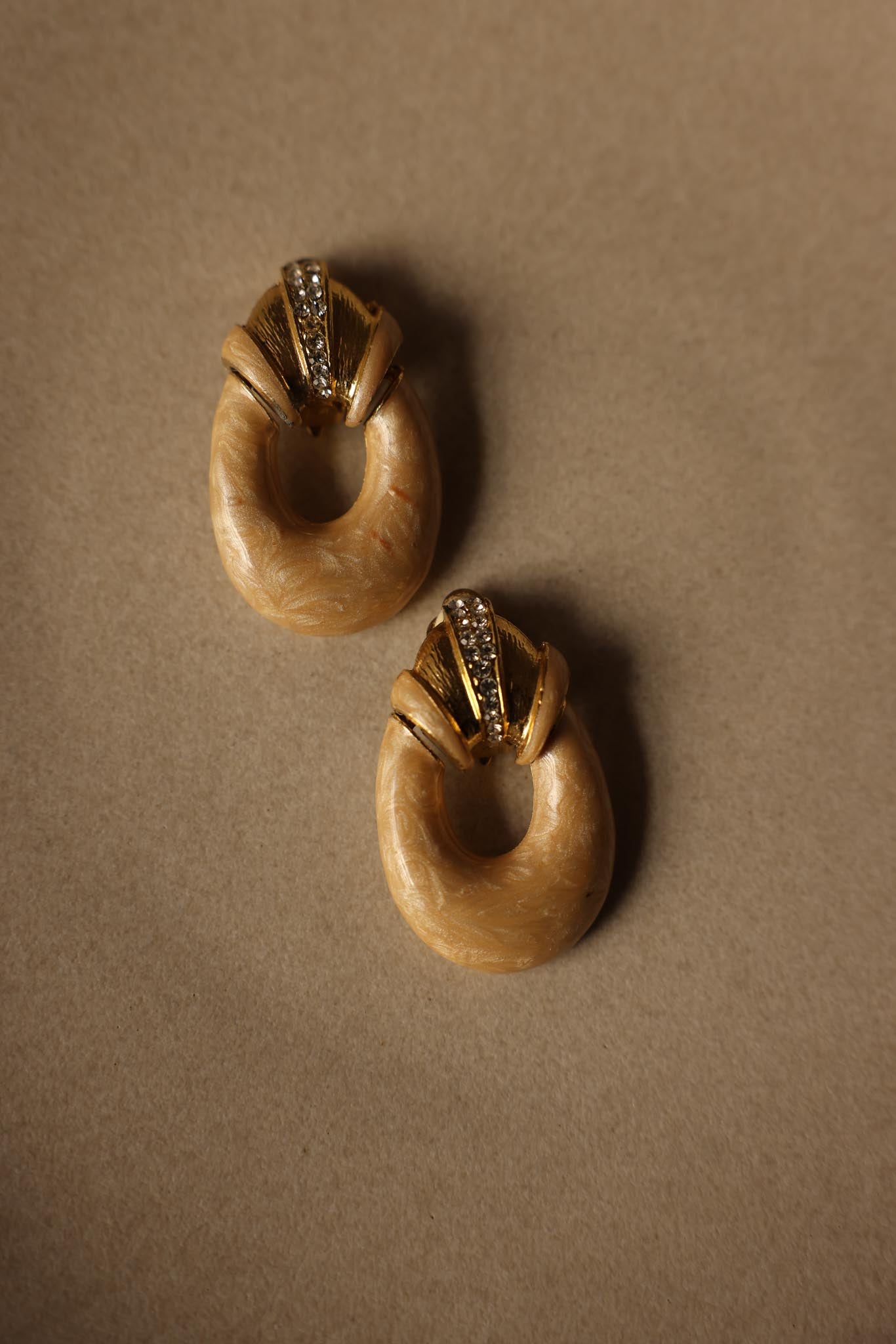 Gold-Tone and Cream Swirl Clip-On Hoop Earrings with Rhinestone Accents|Vintage Baazaar 
