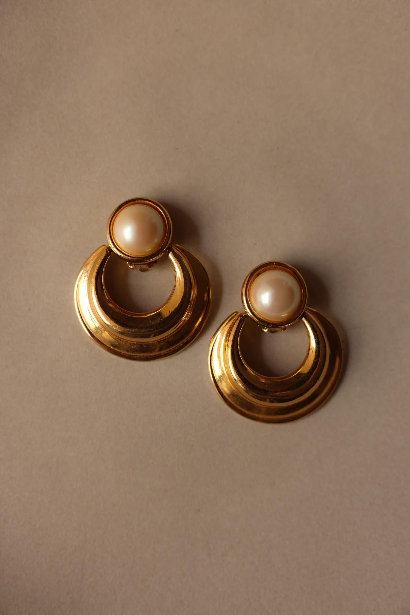 Gold Tone Clip-On Earrings with Faux Pearls|Vintage Baazaar 