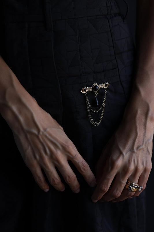 Chain Drape Brooch with Black Cabochon Drop|Vintage Baazaar 
