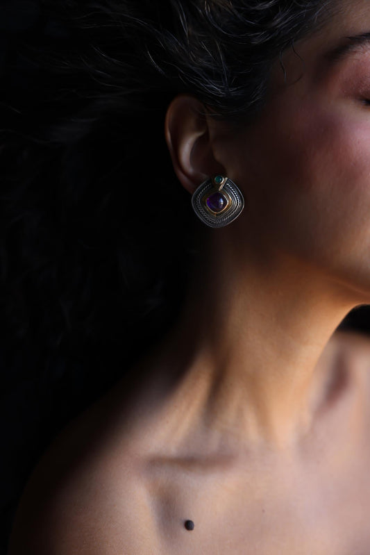 Sterling  and 18k Gold Clip-On Earrings with Natural Gem Stons|Vintage Baazaar 