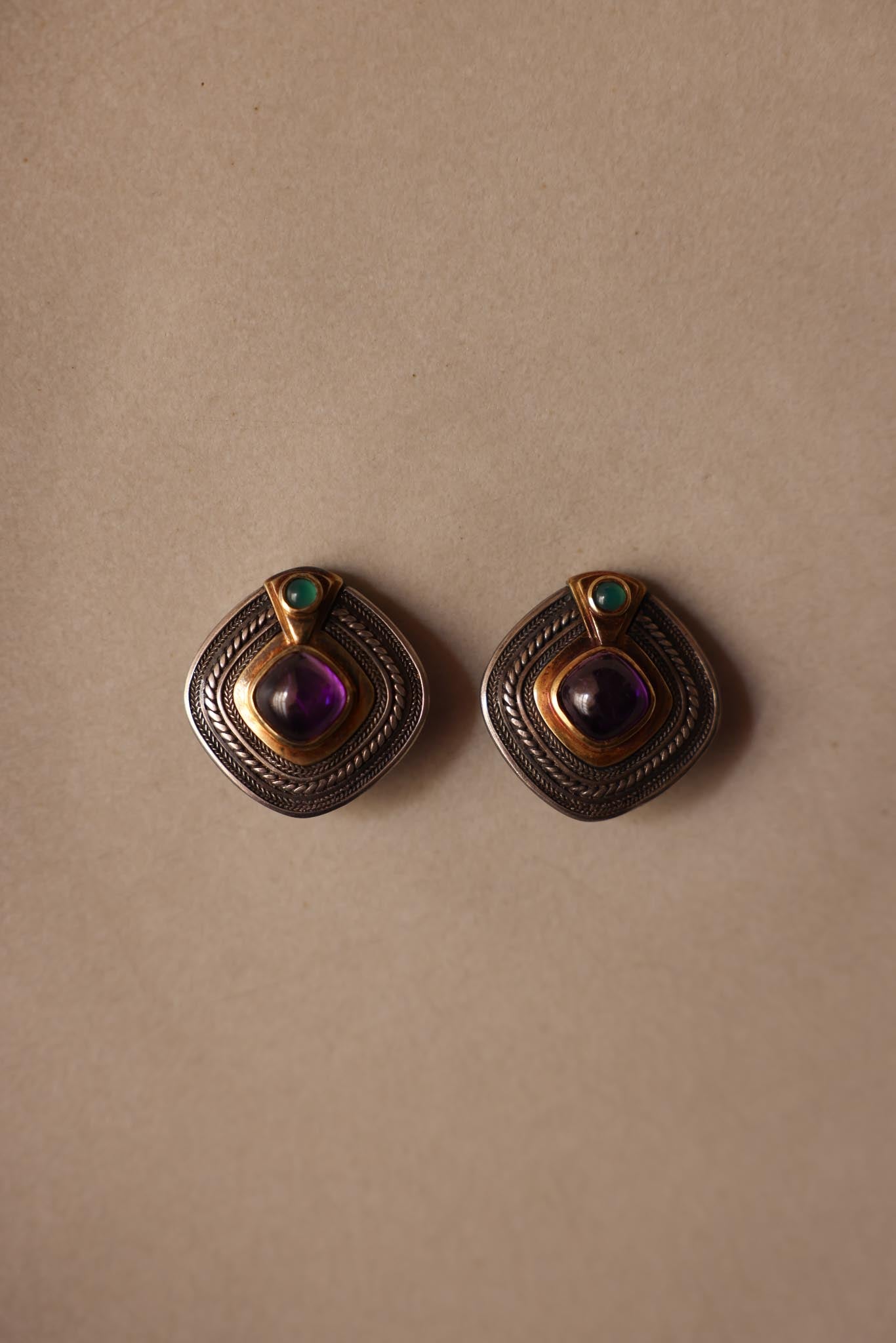 Sterling  and 18k Gold Clip-On Earrings with Natural Gem Stons|Vintage Baazaar 