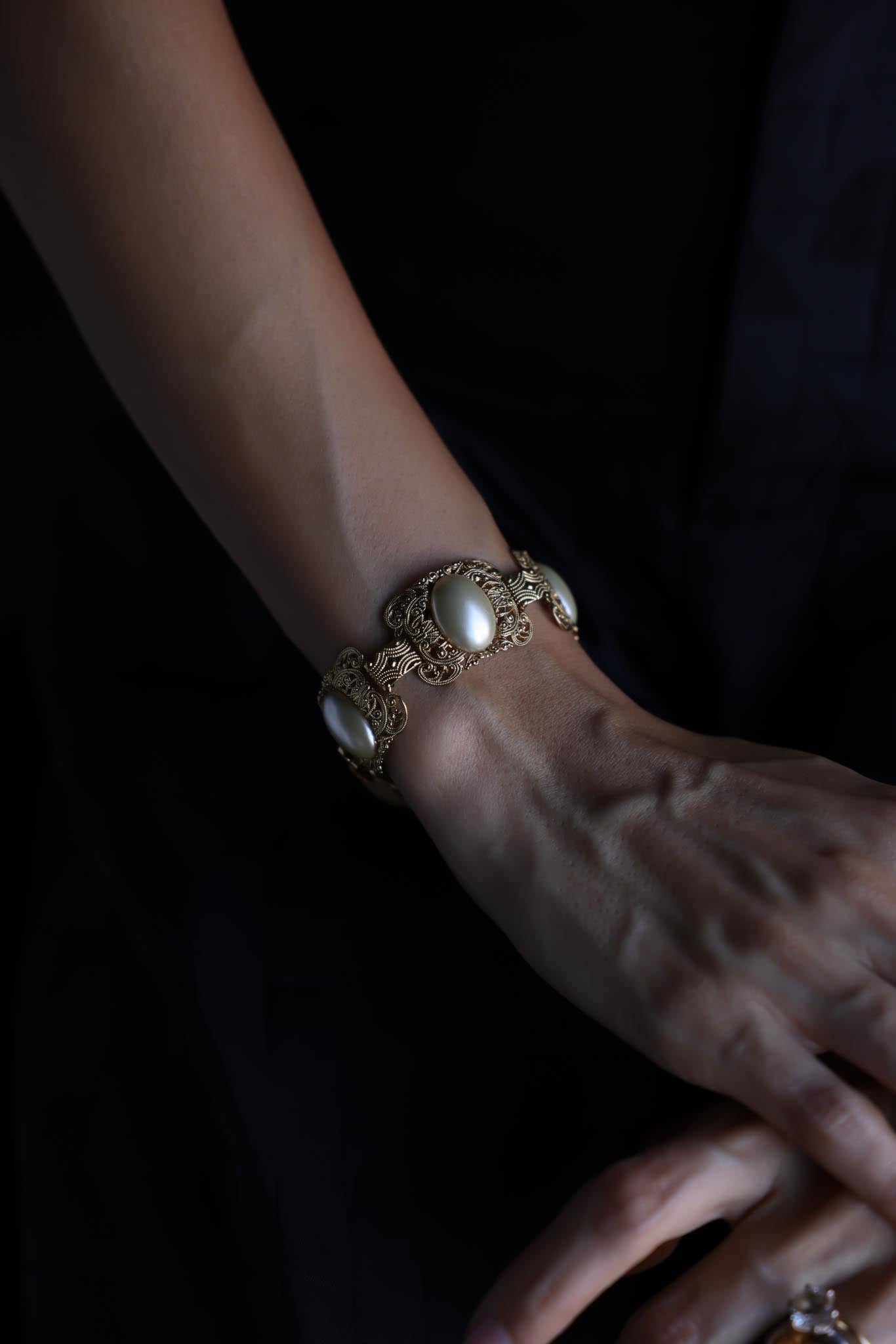 Gold-Tone Filigree Bracelet with Faux Pearls|Vintage Baazaar 
