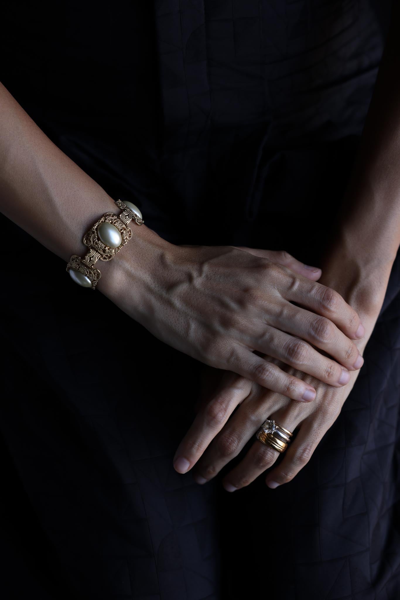 Gold-Tone Filigree Bracelet with Faux Pearls|Vintage Baazaar 