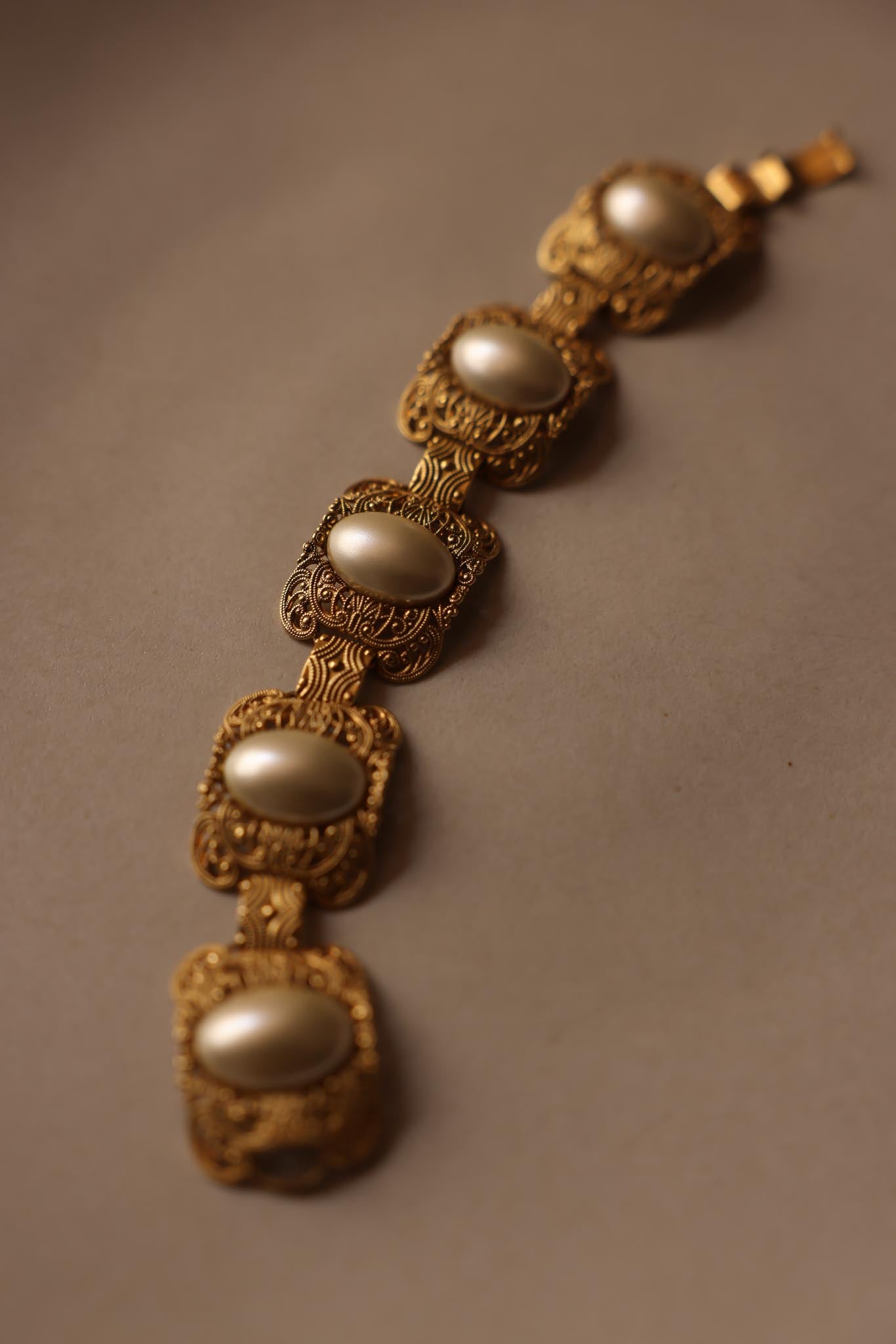 Gold-Tone Filigree Bracelet with Faux Pearls|Vintage Baazaar 