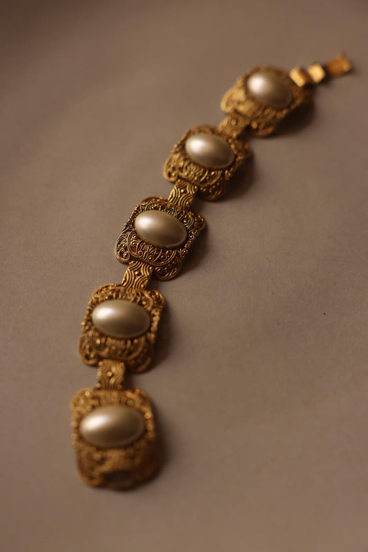 Gold-Tone Filigree Bracelet with Faux Pearls|Vintage Baazaar 