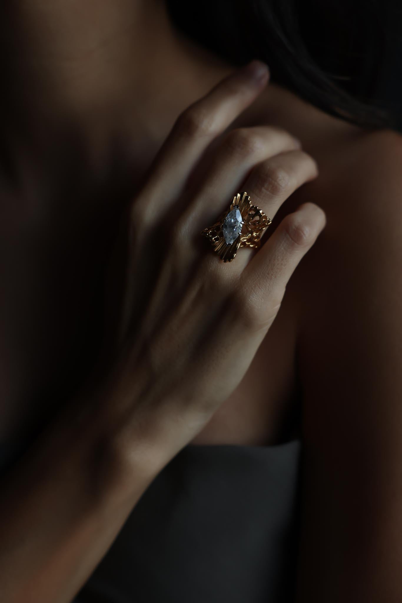 Gold-Filled Ring with Marquise-Cut Clear Crystal, Signed 4K