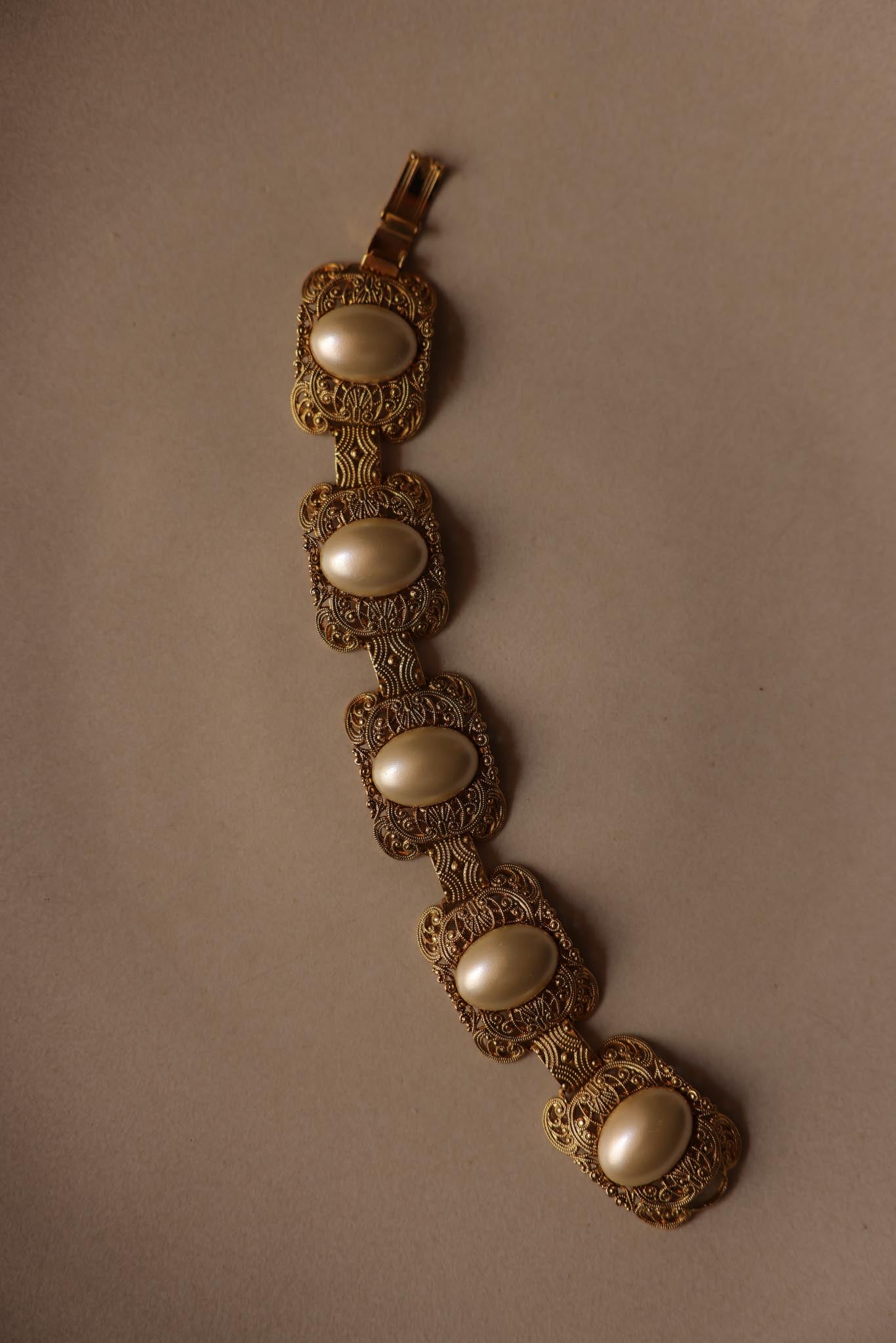 Gold-Tone Filigree Bracelet with Faux Pearls|Vintage Baazaar 