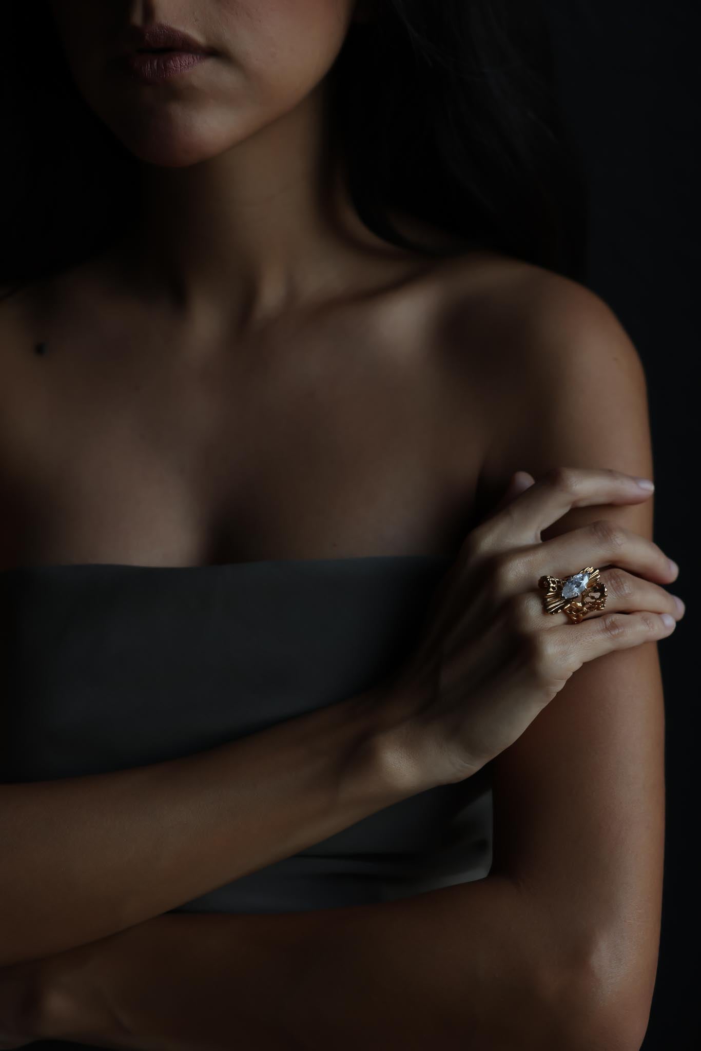 Gold-Filled Ring with Marquise-Cut Clear Crystal, Signed 4K