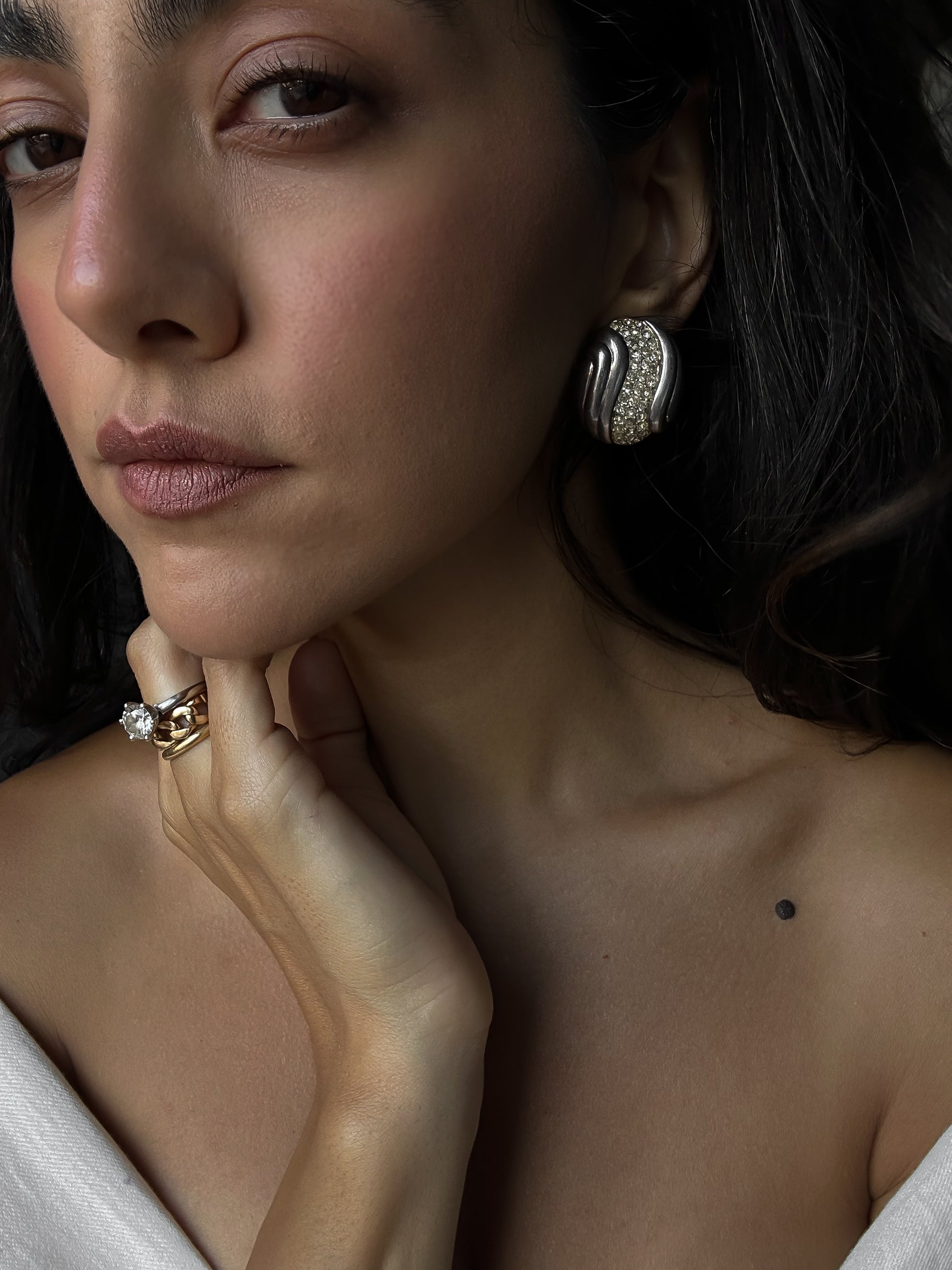 St. John Silver Wave Crystal Earrings|Vintage Baazaar 