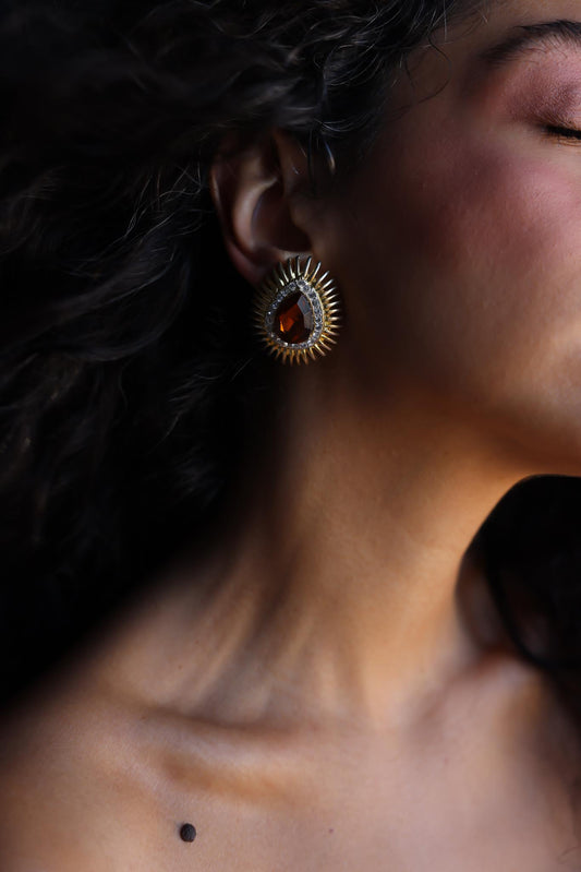 Sunburst Clip-On Earrings with Amber Glass and Rhinestones|Vintage Baazaar 