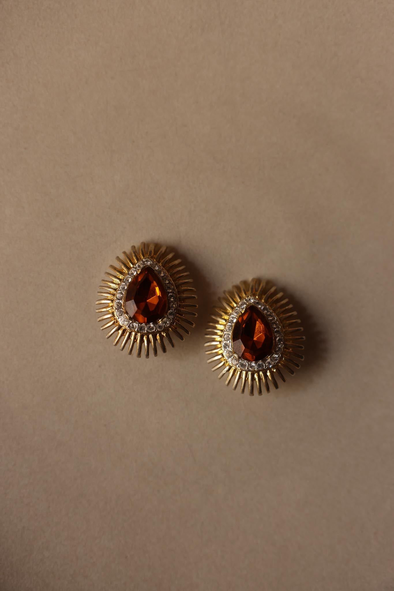 Sunburst Clip-On Earrings with Amber Glass and Rhinestones|Vintage Baazaar 