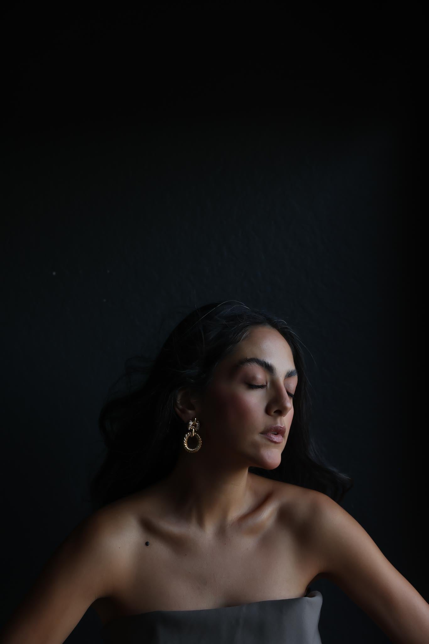 Gold-Tone Hoop Earrings with Black Cabochon and Rhinestones