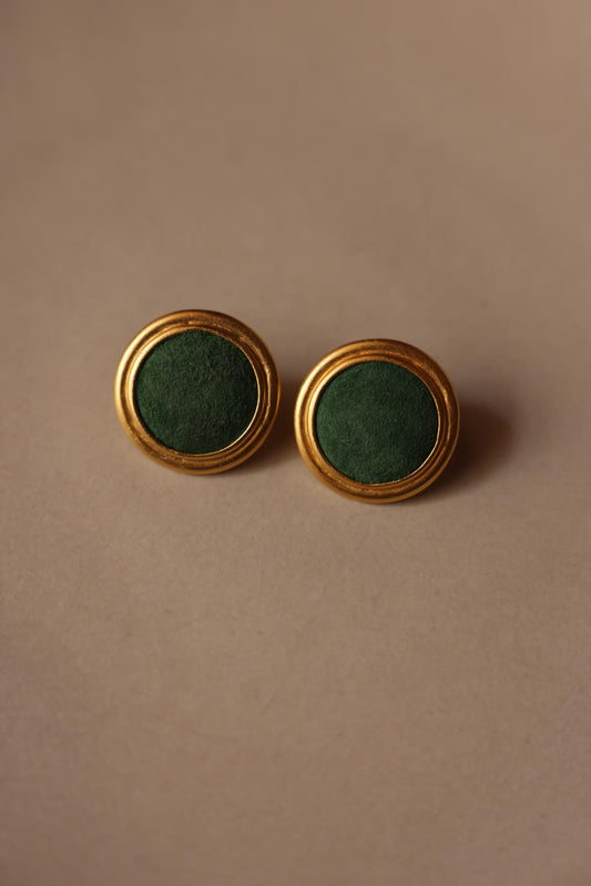 Green Suede Circle Clip-On Earrings|Vintage Baazaar 