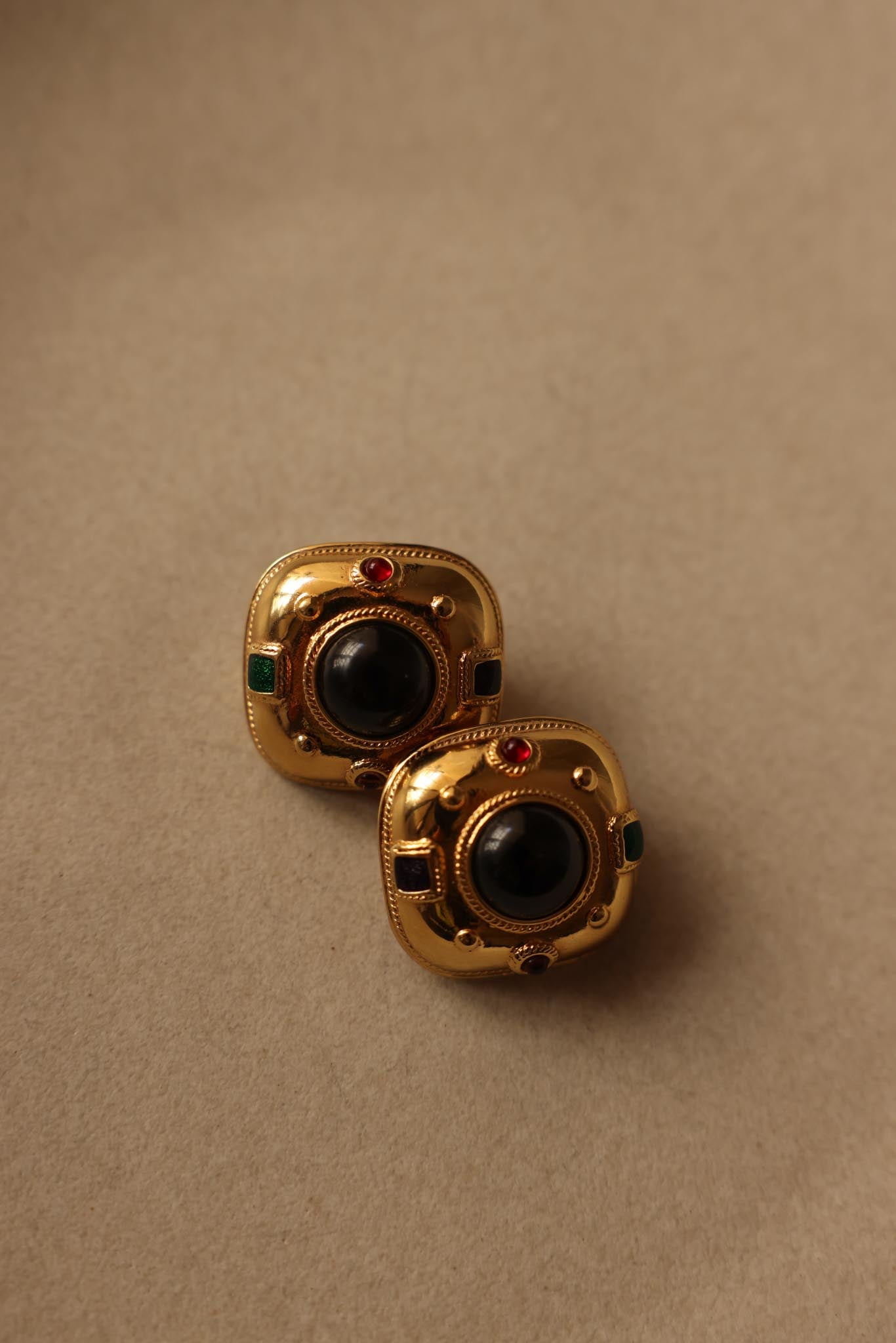 GJD Gold-Tone Clip-On Earrings with Jewel-Tone Cabochons|Vintage Baazaar 