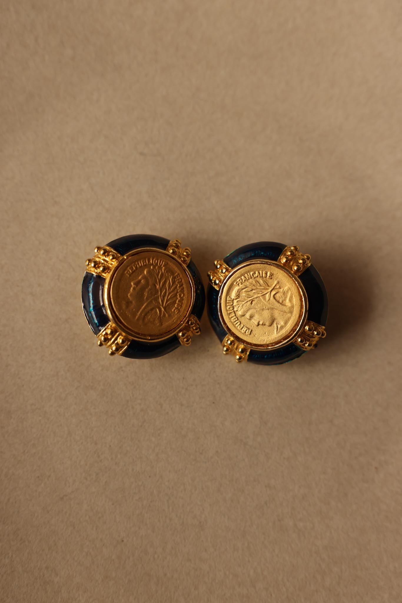 Gold-Tone and Blue Clip-On Earrings with République Française Motif