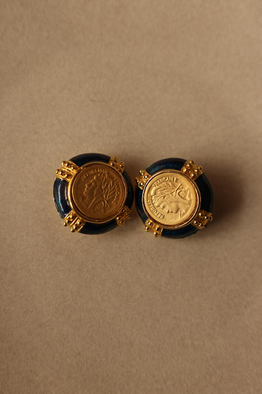 Gold-Tone and Blue Clip-On Earrings with République Française Motif