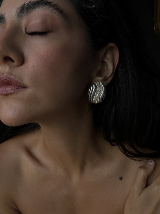 St. John Silver Wave Crystal Earrings|Vintage Baazaar 