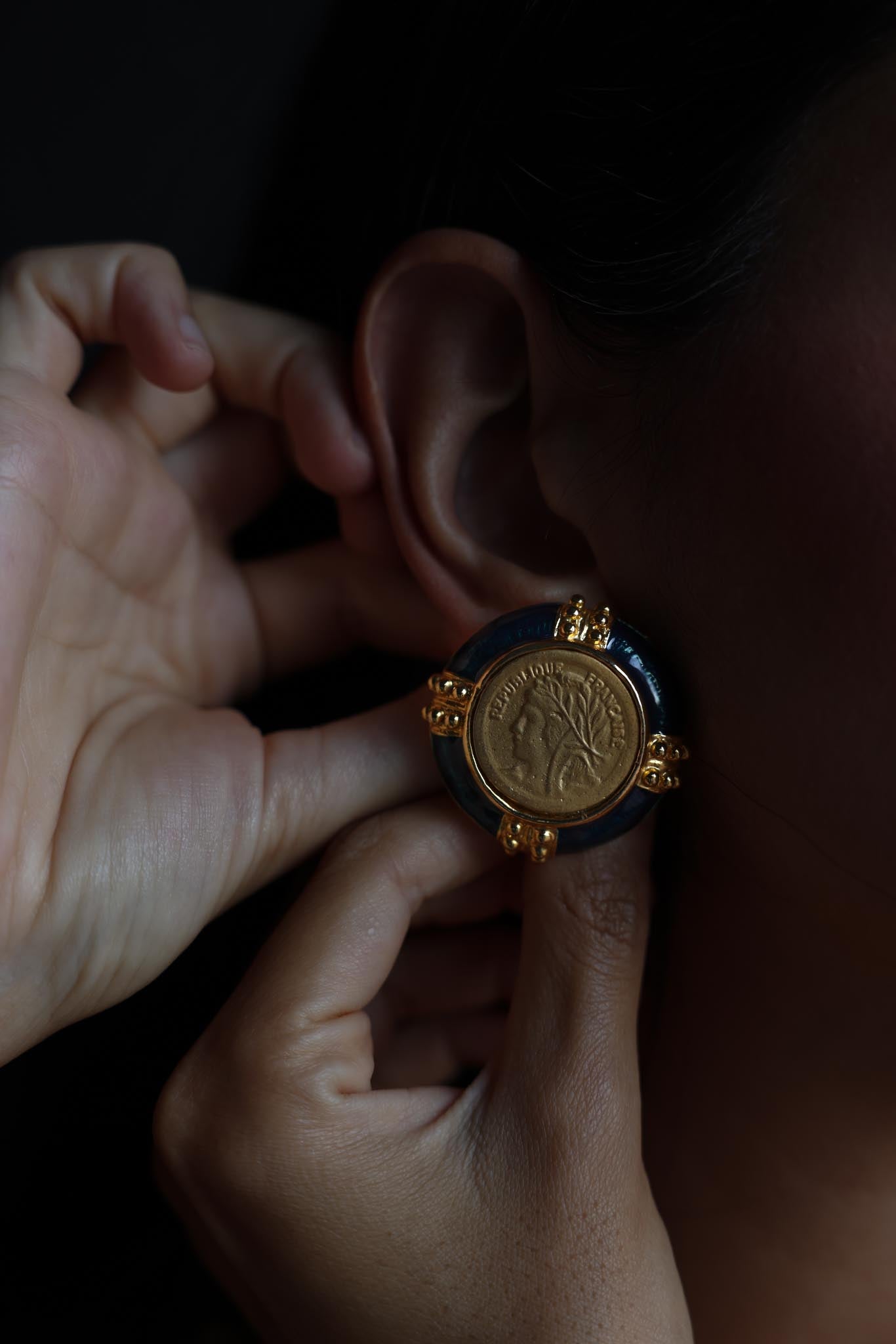 Gold-Tone and Blue Clip-On Earrings with République Française Motif