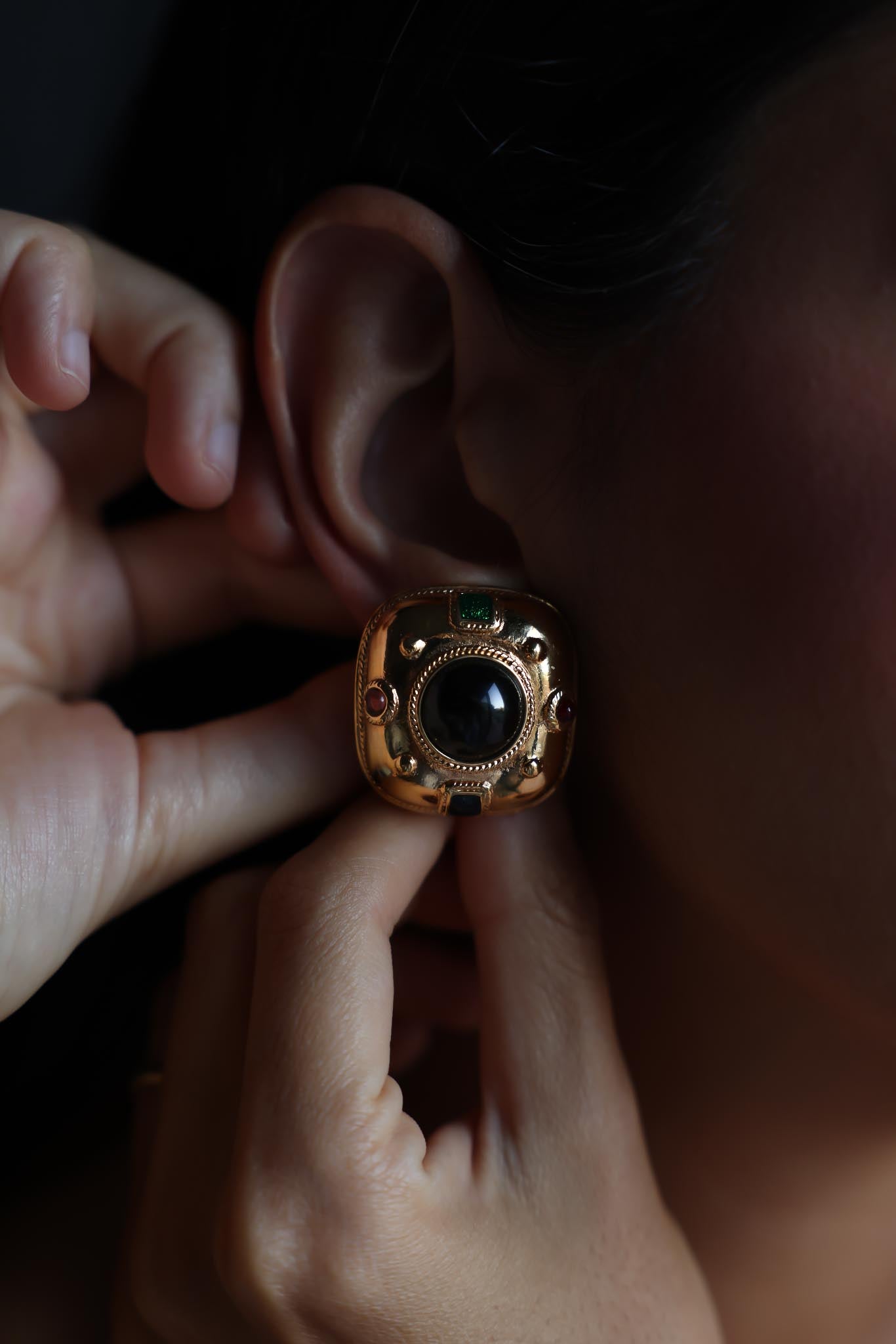 GJD Gold-Tone Clip-On Earrings with Jewel-Tone Cabochons|Vintage Baazaar 