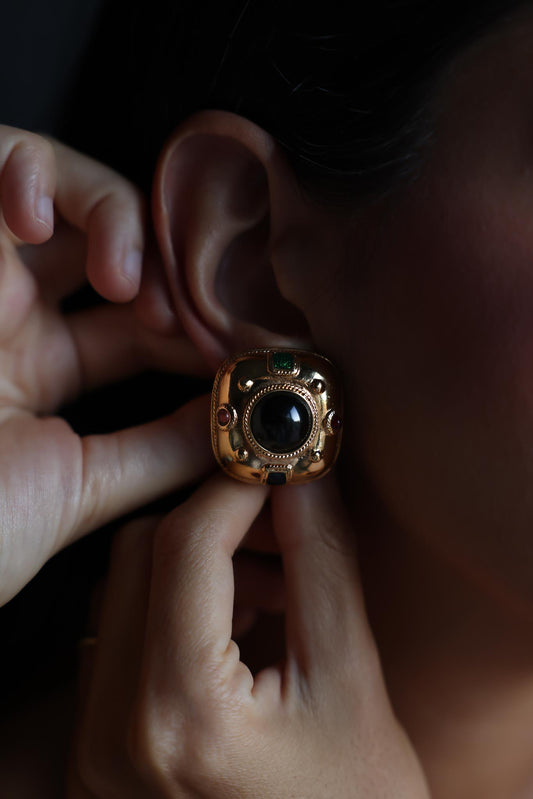 GJD Gold-Tone Clip-On Earrings with Jewel-Tone Cabochons|Vintage Baazaar 