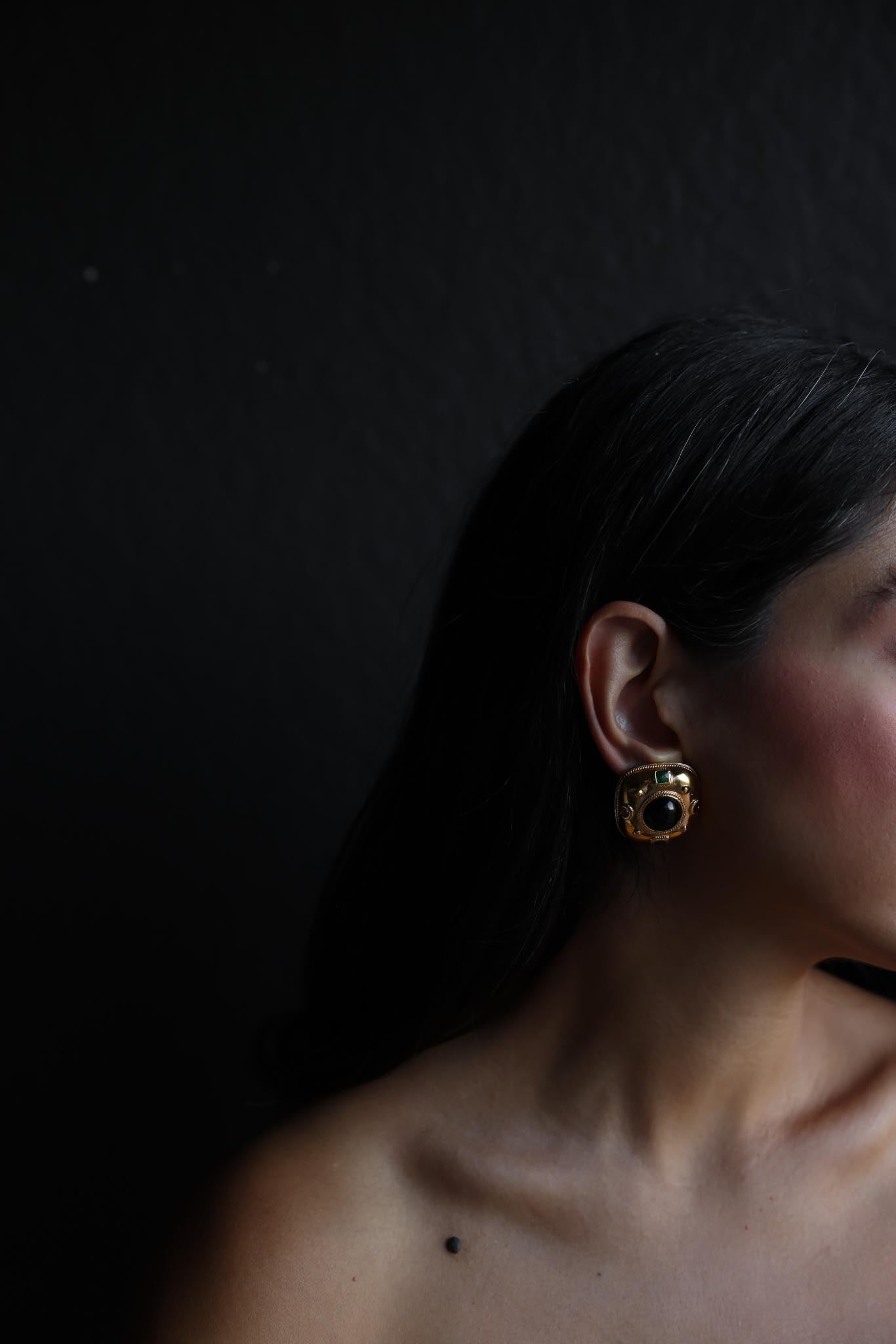 GJD Gold-Tone Clip-On Earrings with Jewel-Tone Cabochons|Vintage Baazaar 