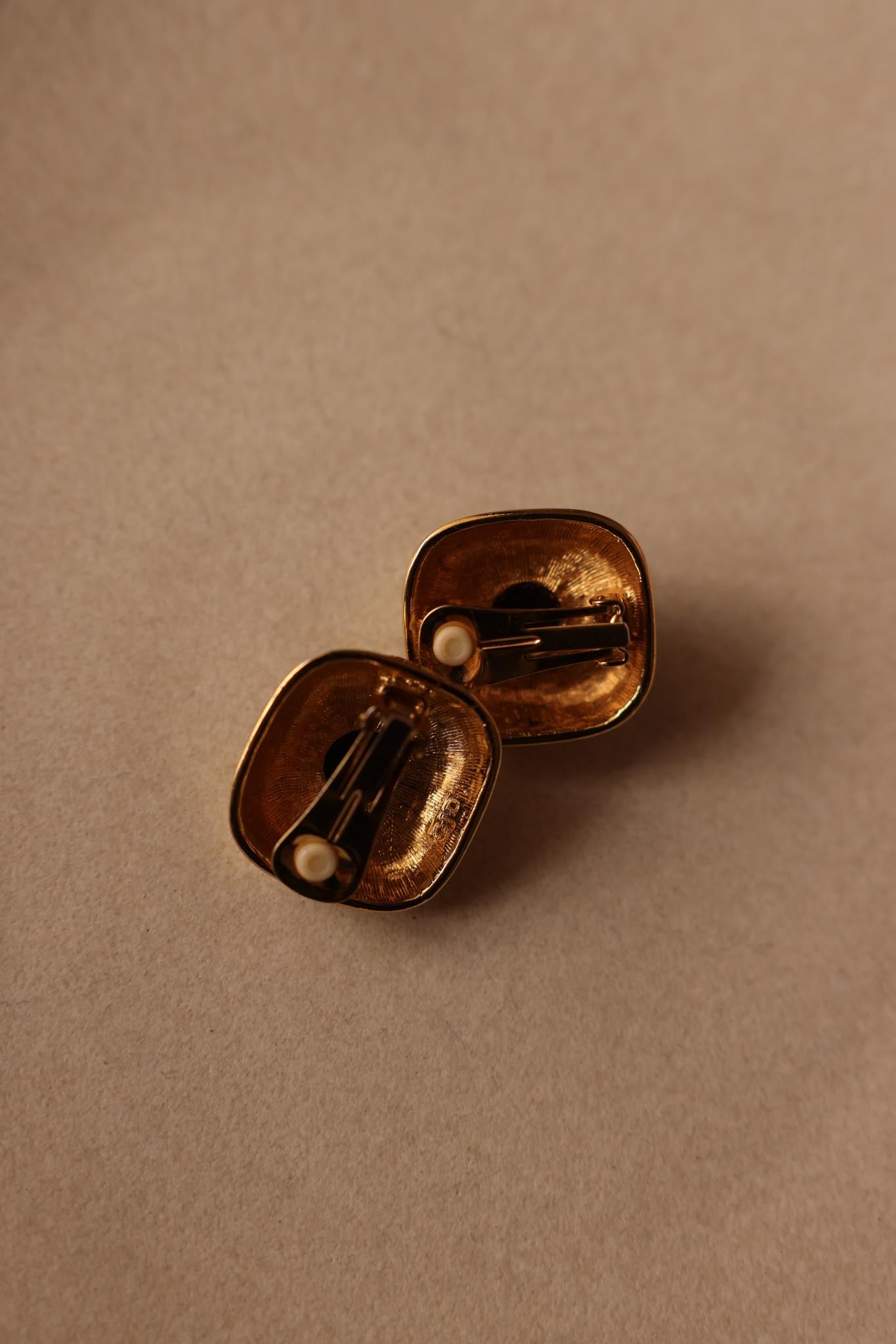 GJD Gold-Tone Clip-On Earrings with Jewel-Tone Cabochons|Vintage Baazaar 