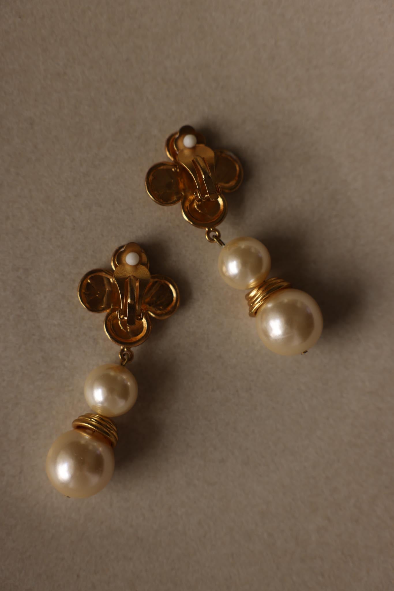 Gold Tone Faux Pearl Dangle Clip-On Earrings