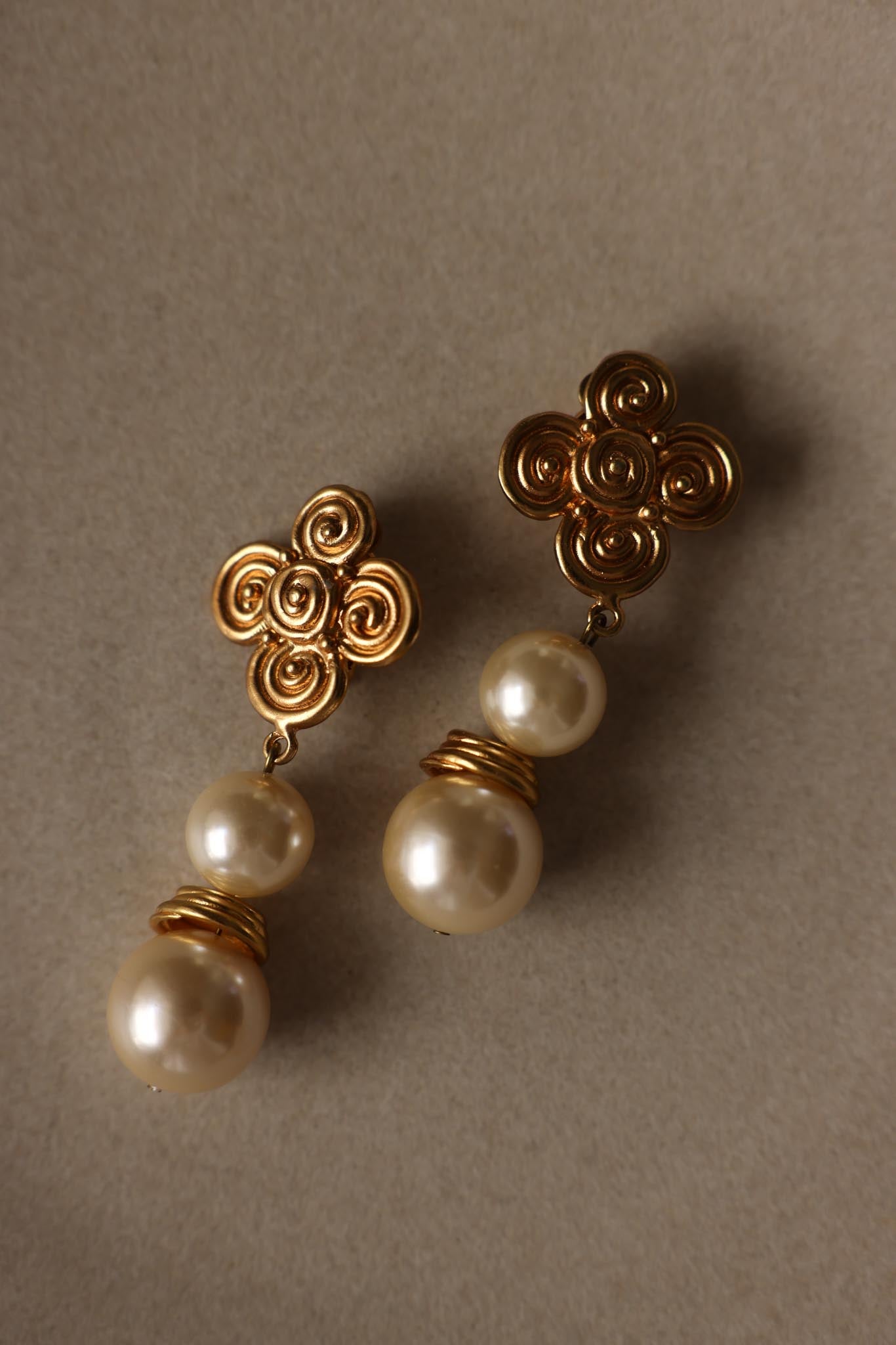 Gold Tone Faux Pearl Dangle Clip-On Earrings