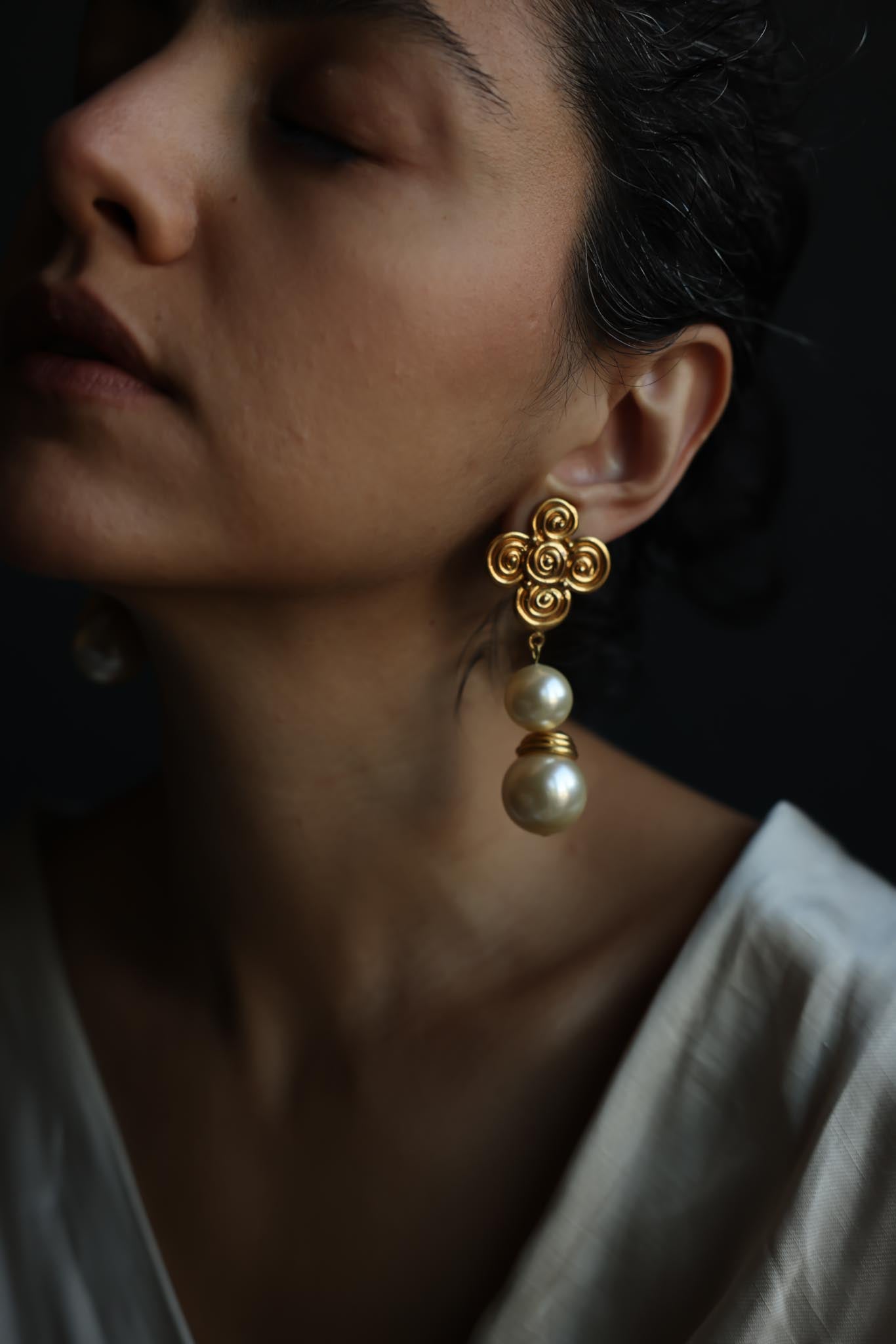 Gold Tone Faux Pearl Dangle Clip-On Earrings