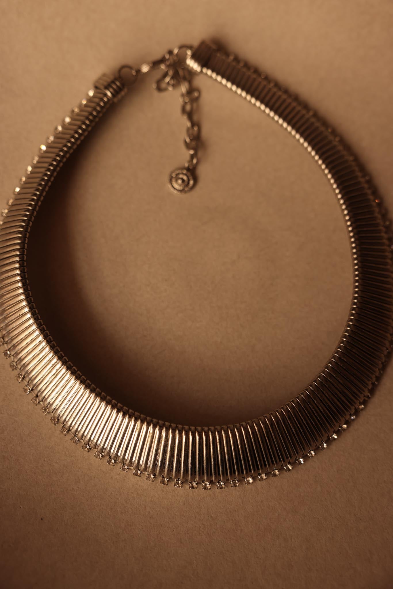 Silver Omega Collar Necklace with Rhinestones|Vintage Baazaar 