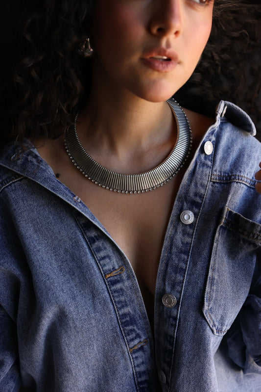 Silver Omega Collar Necklace with Rhinestones|Vintage Baazaar 