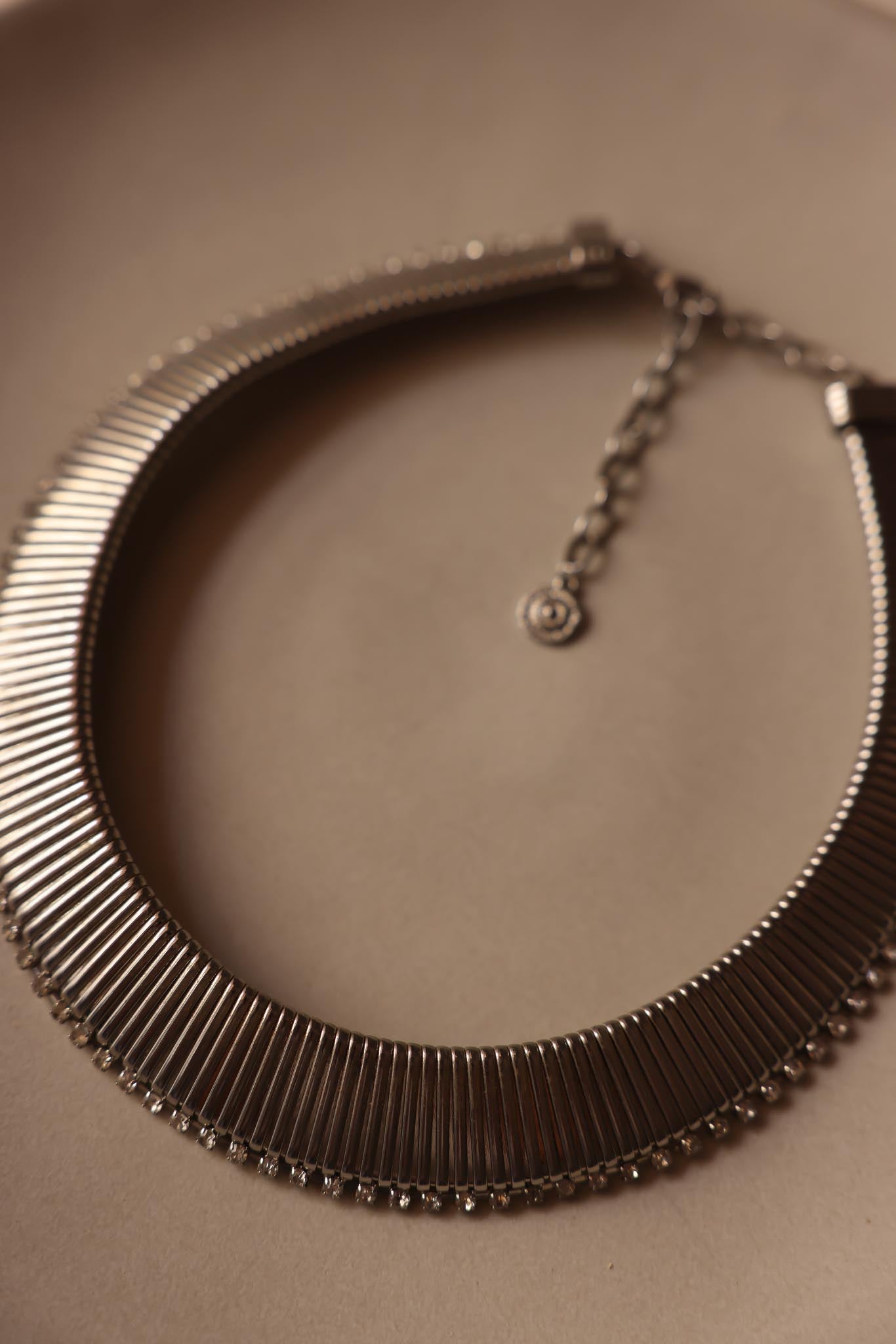 Silver Omega Collar Necklace with Rhinestones|Vintage Baazaar 