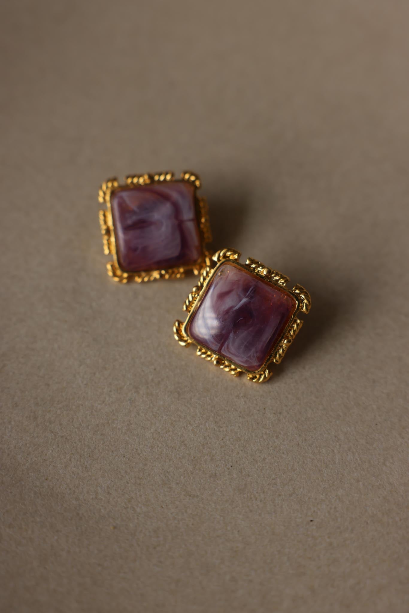 Square Purple Cabochon Gold Tone Clip-On Earrings