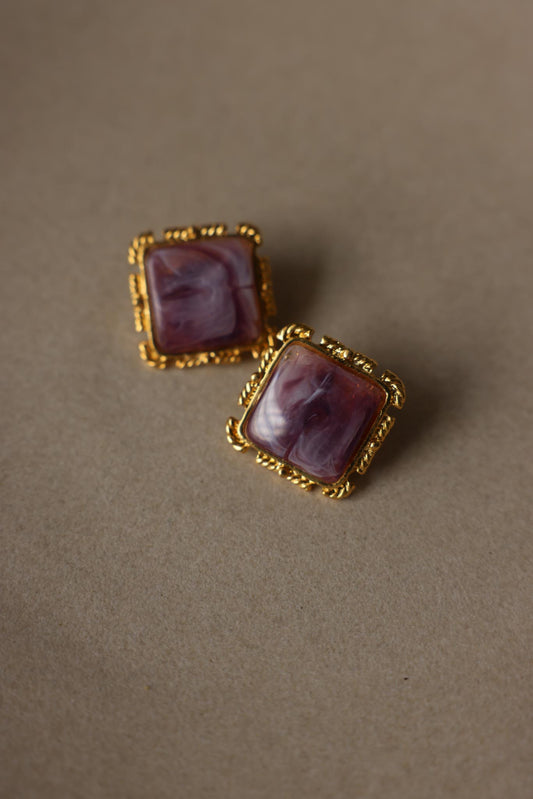Square Purple Cabochon Gold Tone Clip-On Earrings