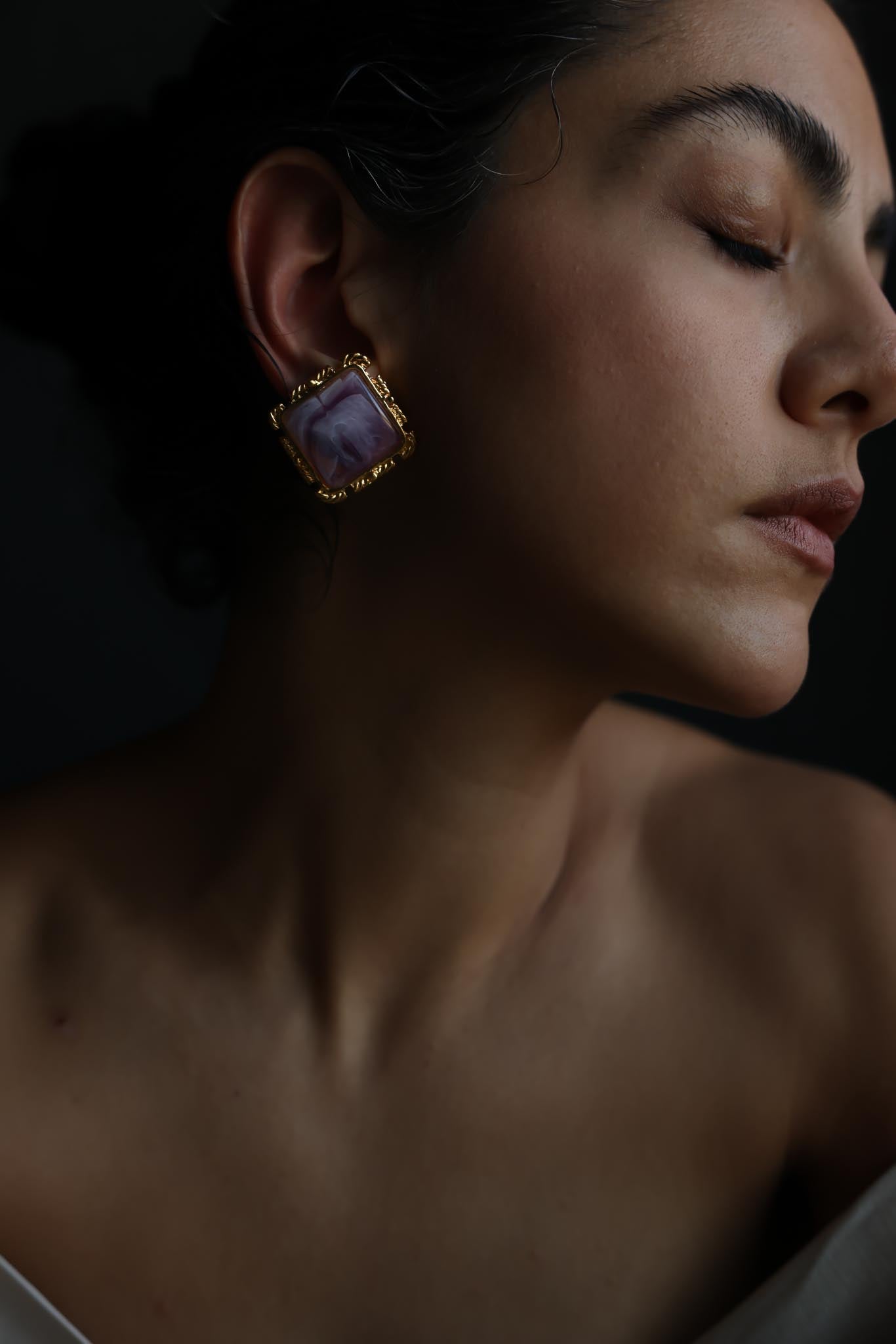 Square Purple Cabochon Gold Tone Clip-On Earrings