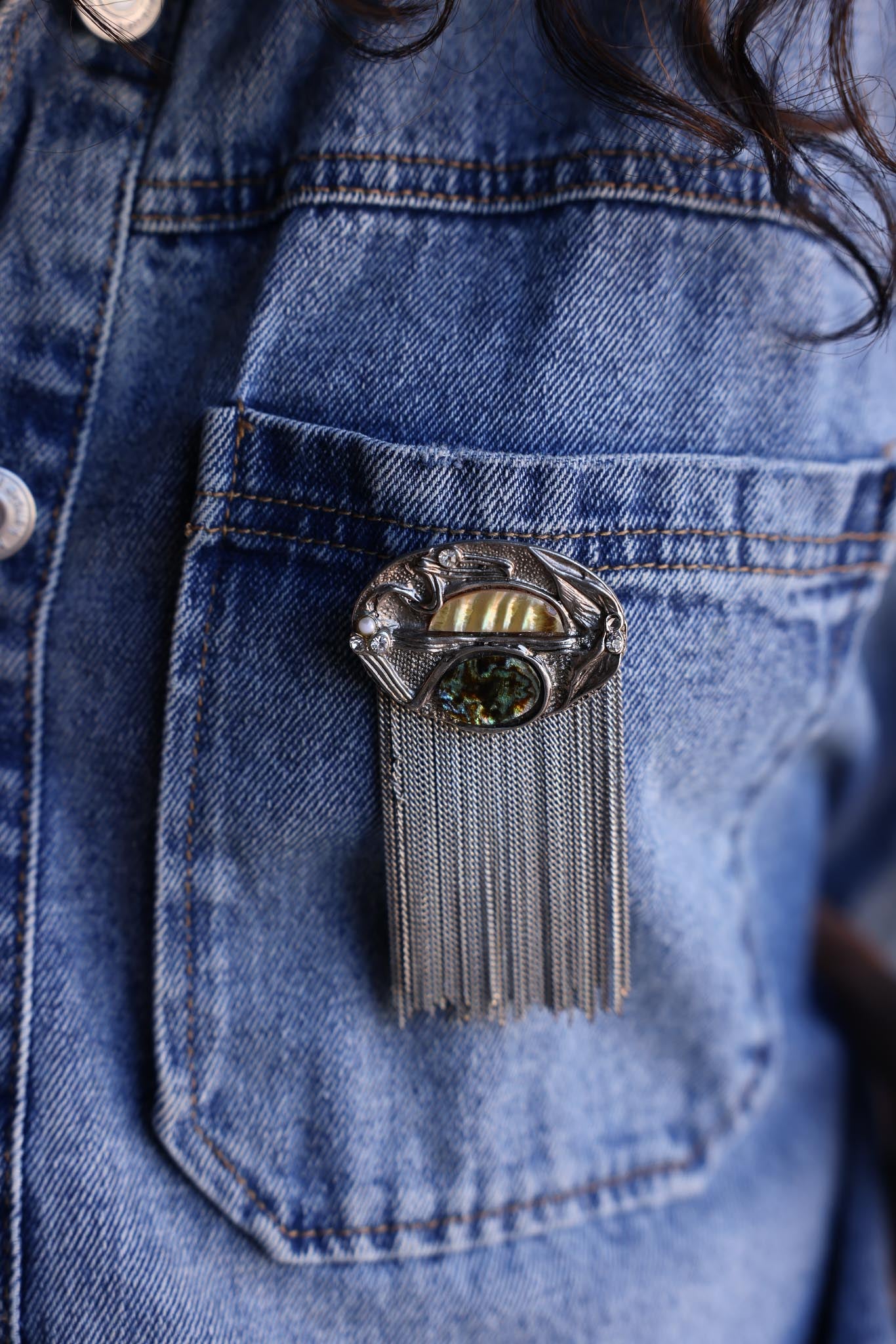 Silver Tone Tassel Brooch with Green and White Natural Stones|Vintage Baazaar 