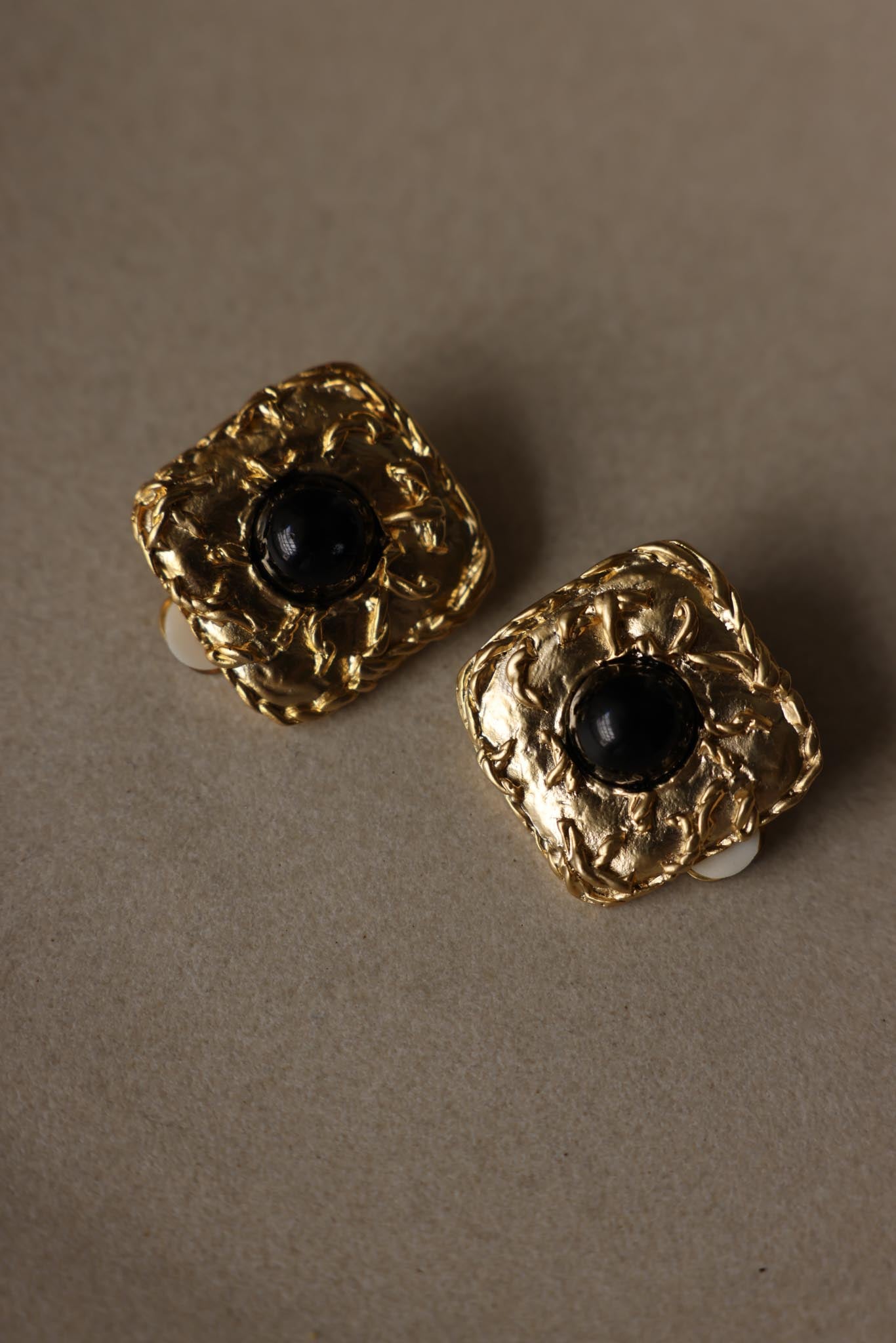 Square Gold Tone Black Cabochon Clip-On Earrings