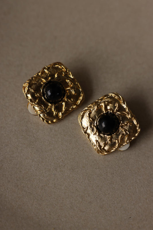 Square Gold Tone Black Cabochon Clip-On Earrings