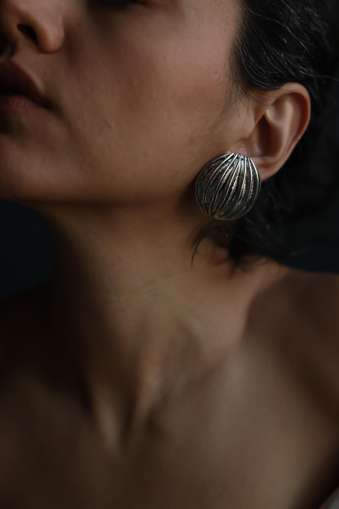 Round Silver Tone Ribbed Statement Clip-On Earrings