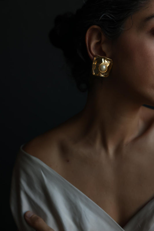 Chunky Gold Plated Faux Pearl Clip-On Earrings