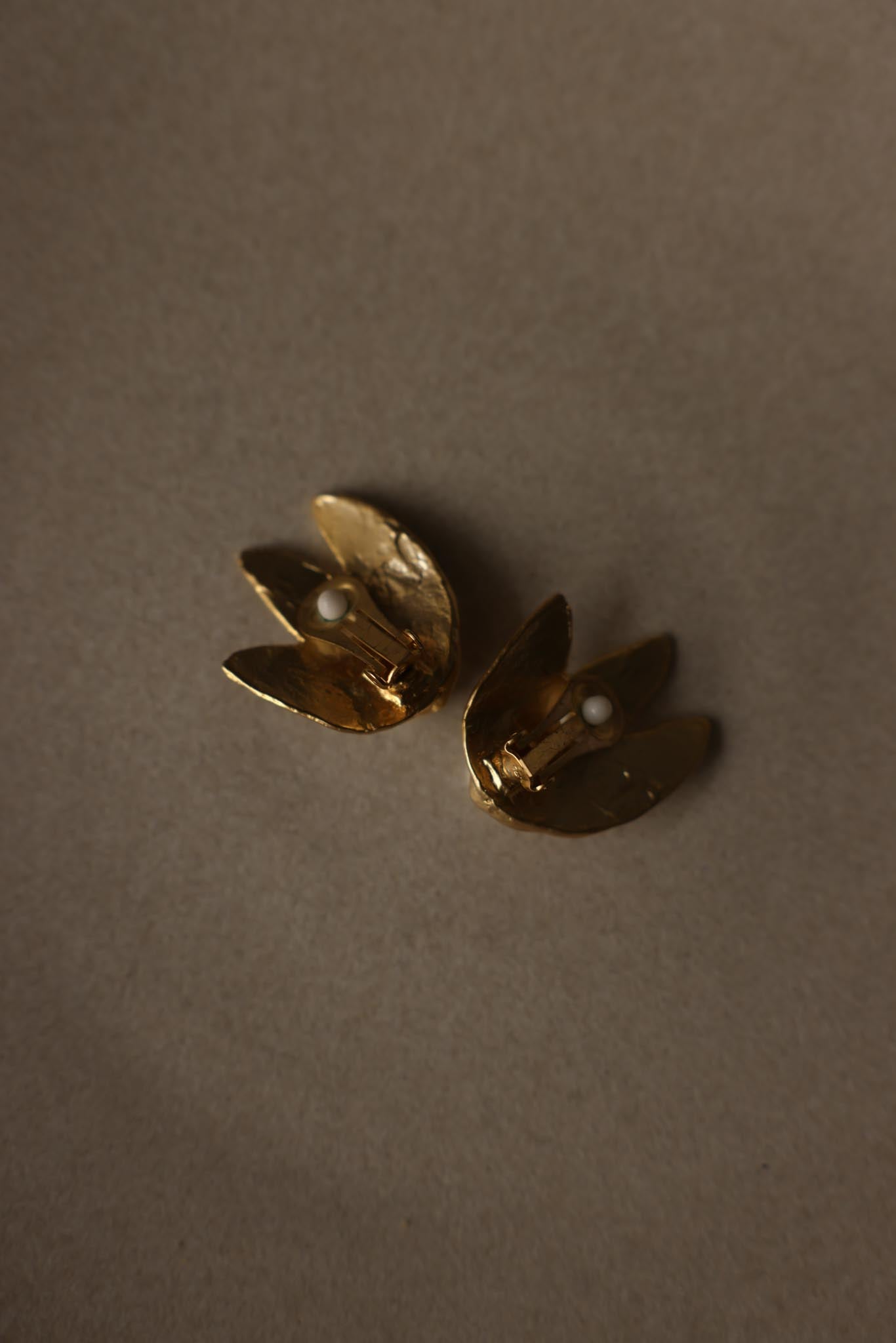 Matte Gold Faux Pearl Leaf Clip-On Earrings