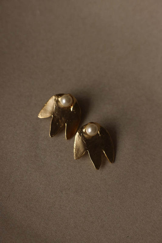 Matte Gold Faux Pearl Leaf Clip-On Earrings