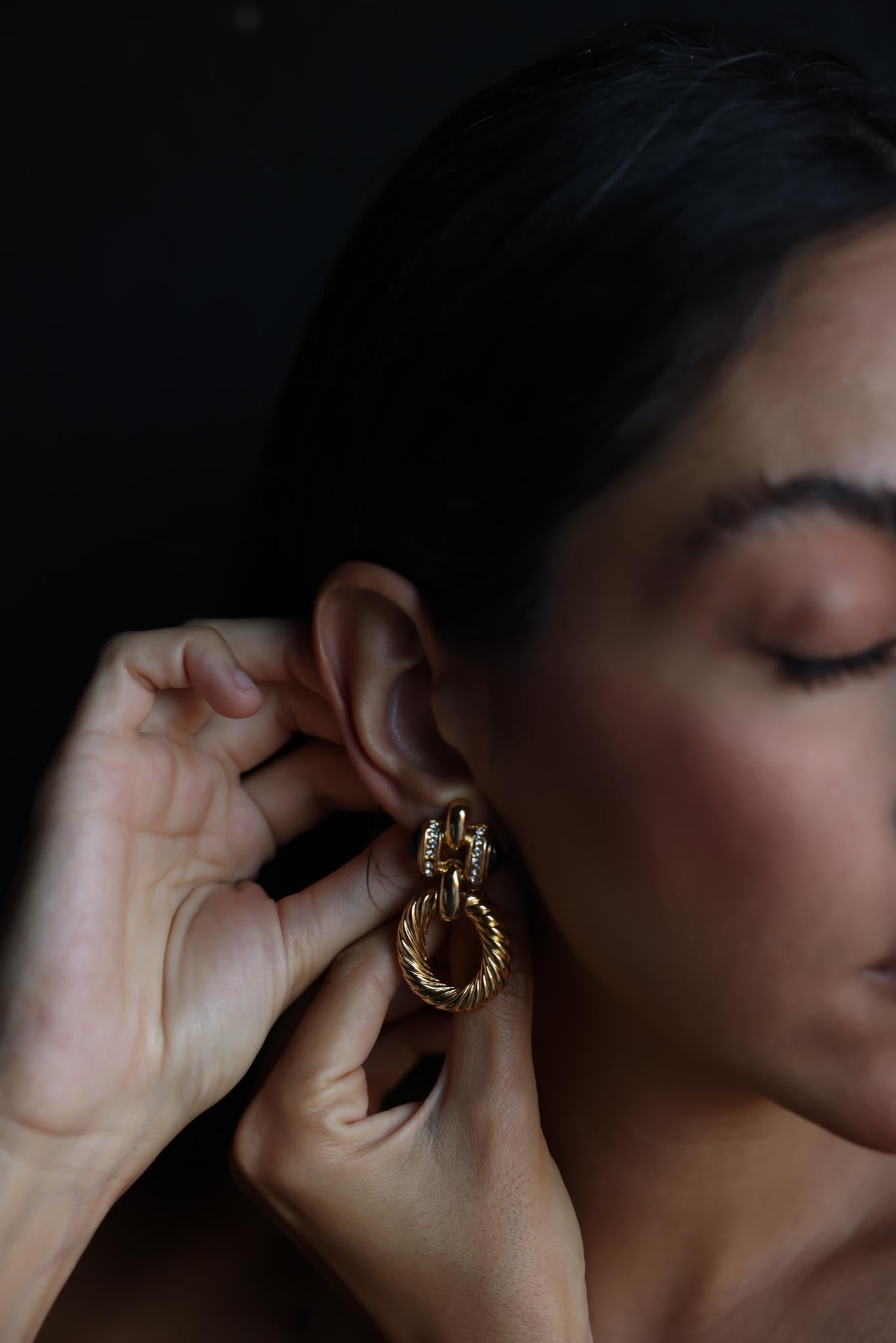 Gold-Tone Hoop Earrings with Black Cabochon and Rhinestones
